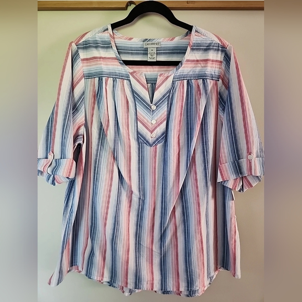 Catherines Plus Boho Stripe Red Blue Roll Tab Sleeve Pintuck Shirt OX 14/16